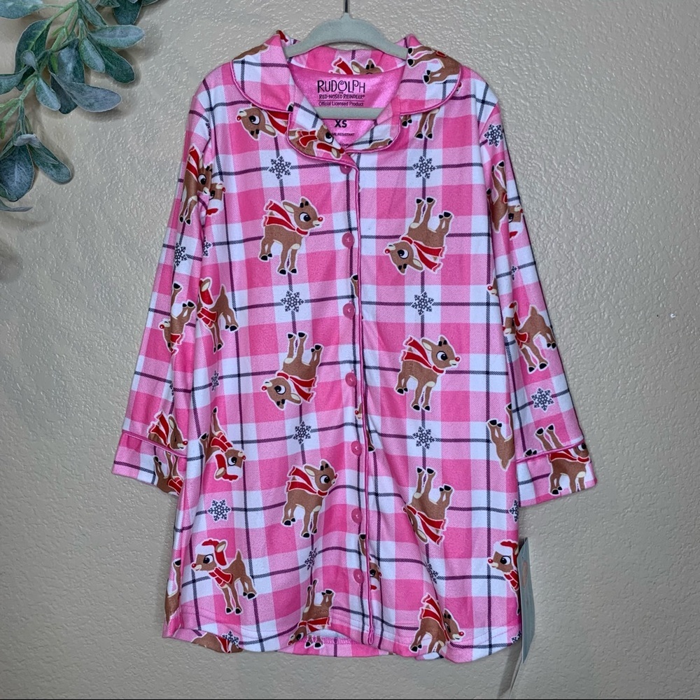 Rudolph Girls Rudolph Red Nosed Reindeer Pink Plaid Christmas Holiday Nightgown.